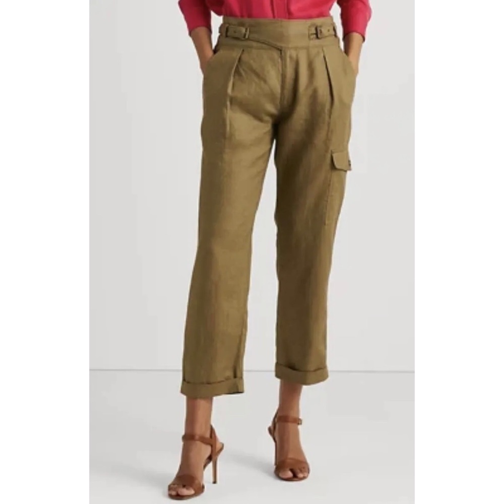 Ralph‎ Lauren Black Label Linen Pleated  Cropped Pants Olive Green Size 8